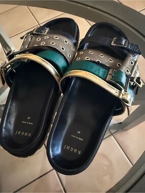 Sacai Black, Green & Gold Leather Buckle Slide Sandals